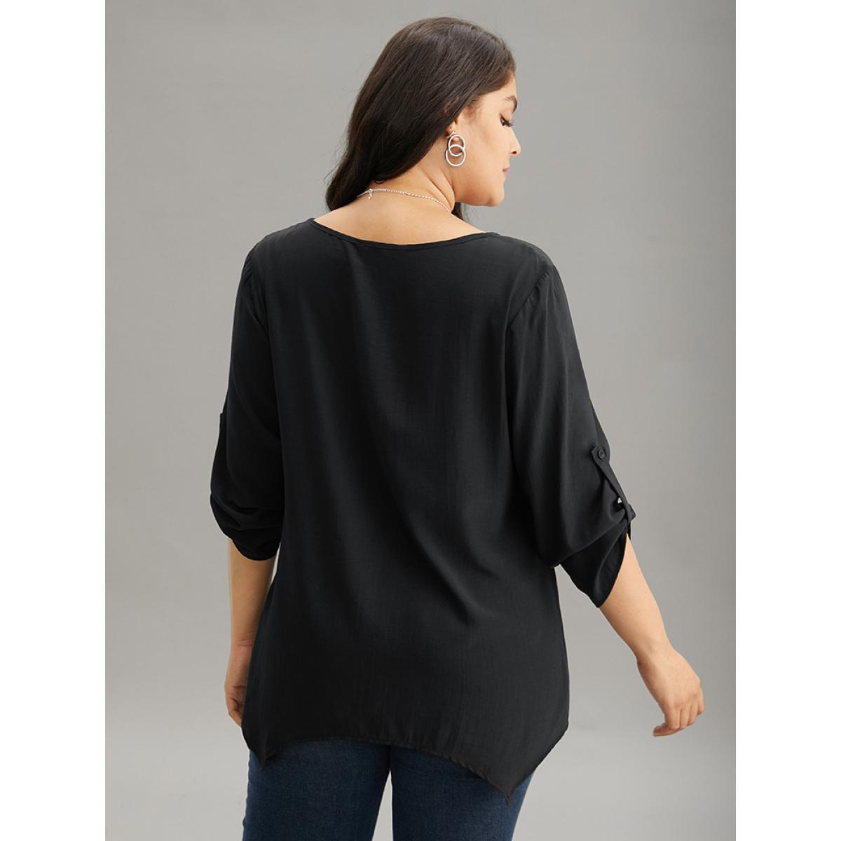 Plus Size Black Solid Button Detail Pleated Hanky Hem Blouse Women Office Elbow-length sleeve V-neck Work Blouses BloomChic 30/6X Product Image