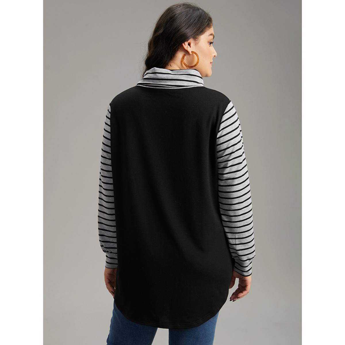 Plus Size Mock Neck Striped Patchwork Drawstring Sweatshirt Women Black Casual Contrast Mock Neck Everyday Sweatshirts BloomChic 10/M Product Image