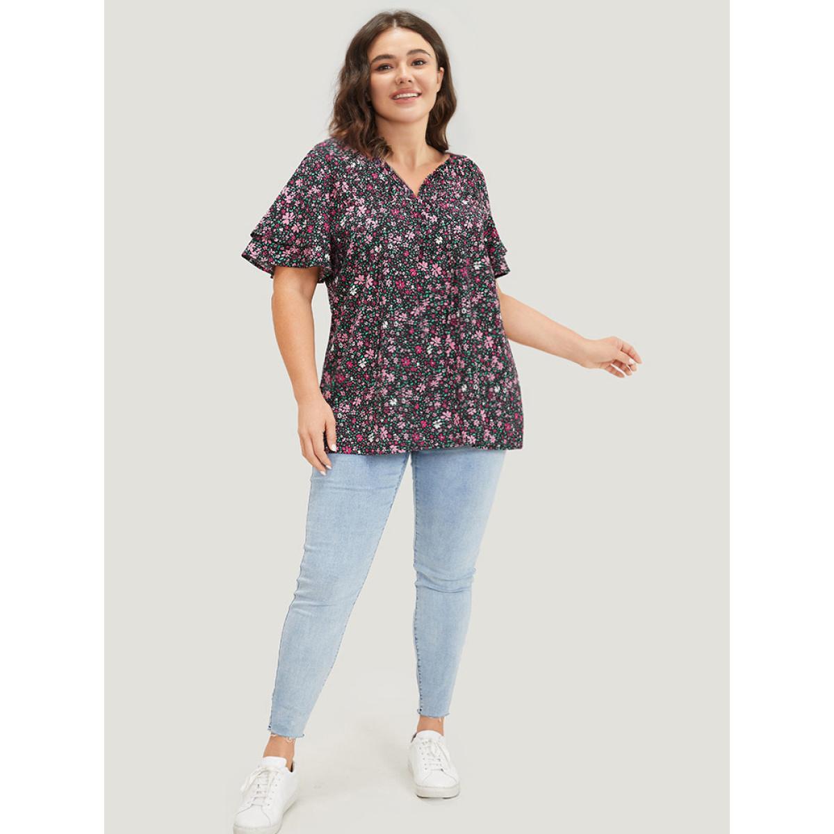Plus Size BlackFlower Ditsy Floral Knot Neck Flutter Sleeve Layered Blouse Women Elegant Short sleeve Tie Neck Dailywear Blouses BloomChic 30/6X Product Image