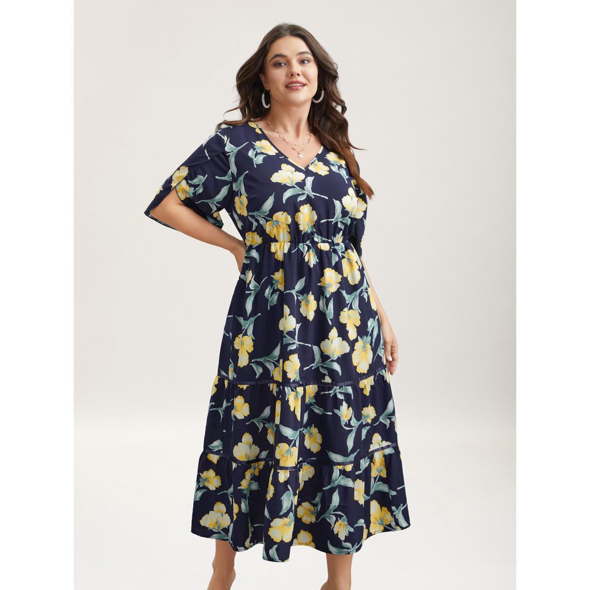 Plus Size Spring Flowers V-Neck Tiered Midi Dress Indigo Women Elegant Overlapping V-neck Half Sleeve Curvy BloomChic 26/4X Product Image