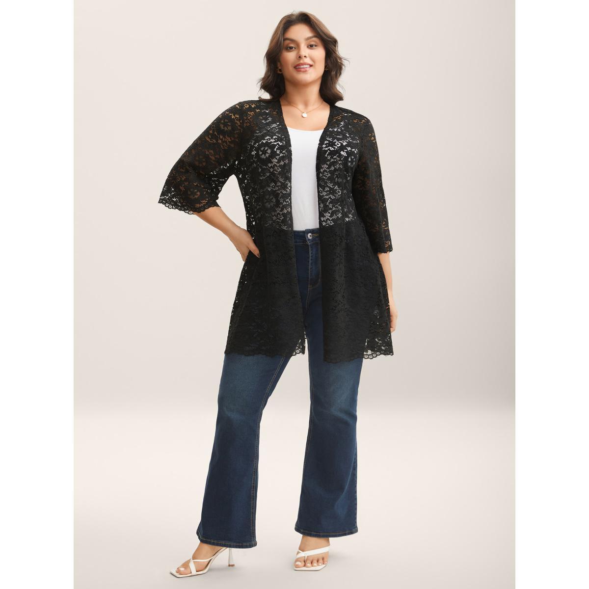 Plus Size Lace Sheer Scalloped Hem Kimono Women Black See through Loose Everyday-Elegant Kimonos BloomChic 30/6X Product Image