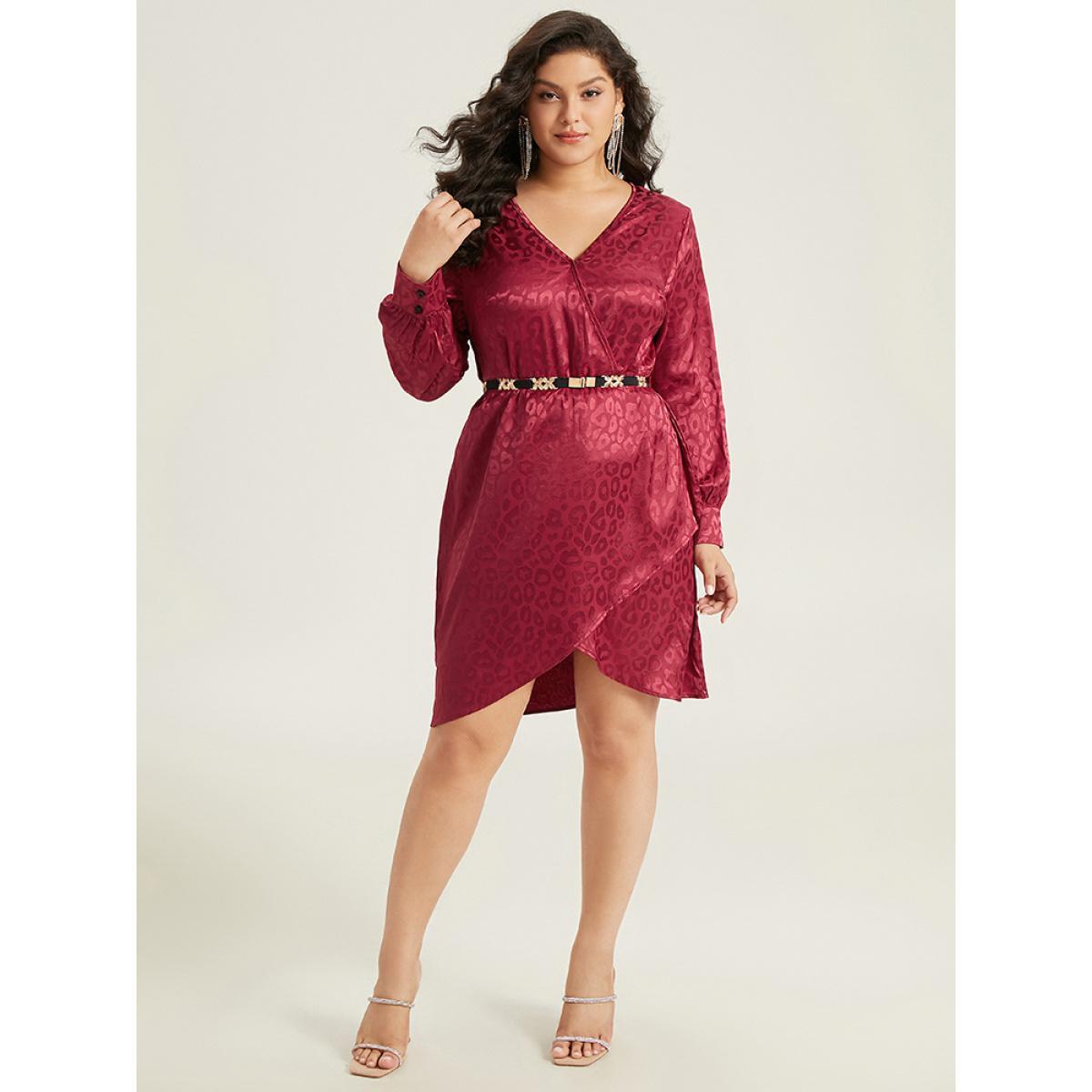 Plus Size Solid V Neck Gathered Wrap Hem Dress Scarlet Women Party Plain V-neck Long Sleeve Curvy Knee Dress BloomChic 14-16/1X Product Image