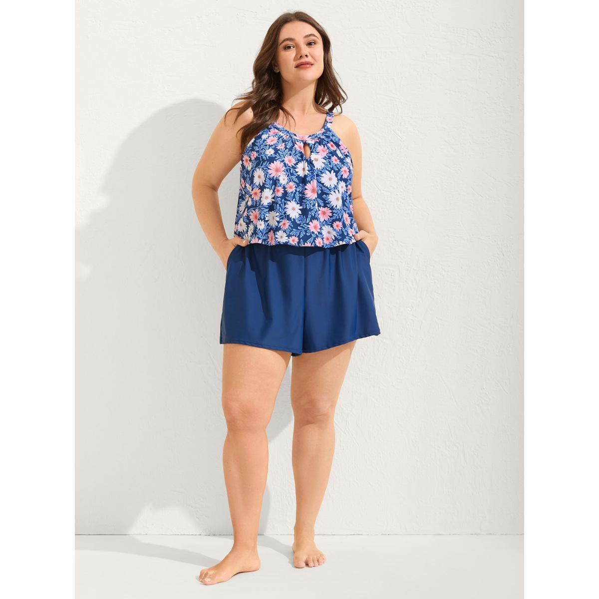 Plus Size Floral Print Keyhole Pockets Swim Romper Women's Swimwear Cerulean Beach Curve Bathing Suits High stretch One Pieces BloomChic 26/4X Product Image