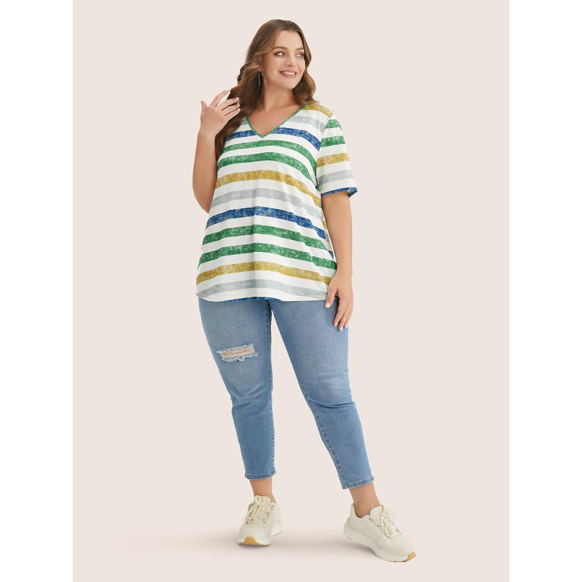 Plus Size Striped Contrast V Neck T-shirt Green Women Casual Striped V-neck Everyday T-shirts BloomChic 10/M Product Image