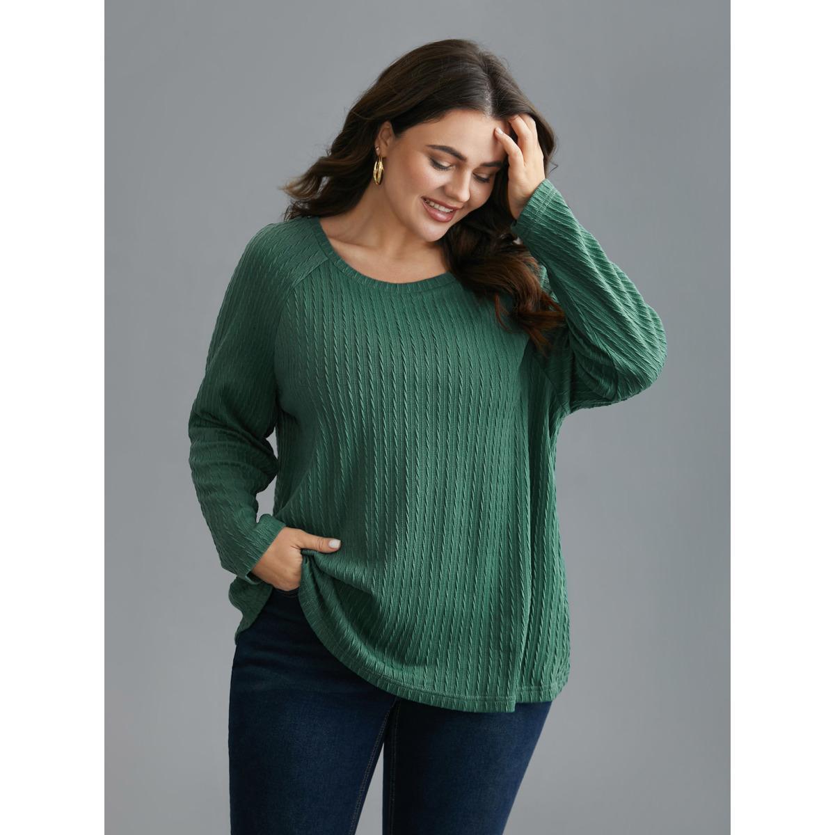 Plus Size Textured Elastic Raglan Sleeves T-shirt Emerald Women Casual Texture Round Neck Everyday T-shirts BloomChic 12/L Product Image