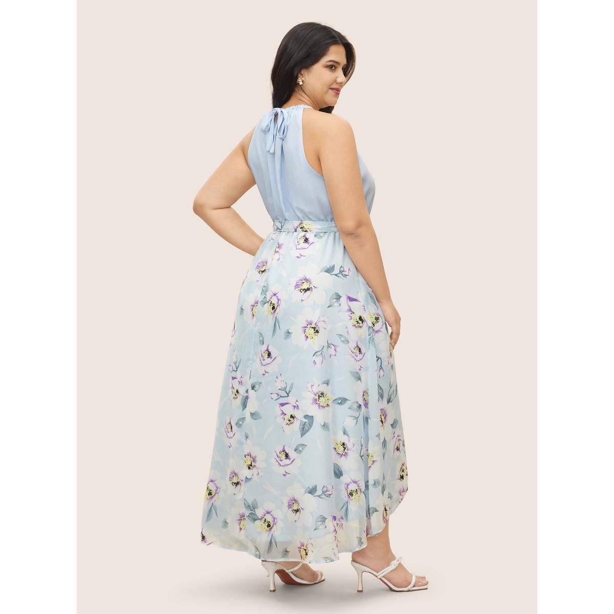 Plus Size Floral Patchwork Halter Ties High Low Hem Dress LightBlue Women Elegant Non Halter neck Sleeveless Curvy Midi Dress BloomChic 28/5X Product Image
