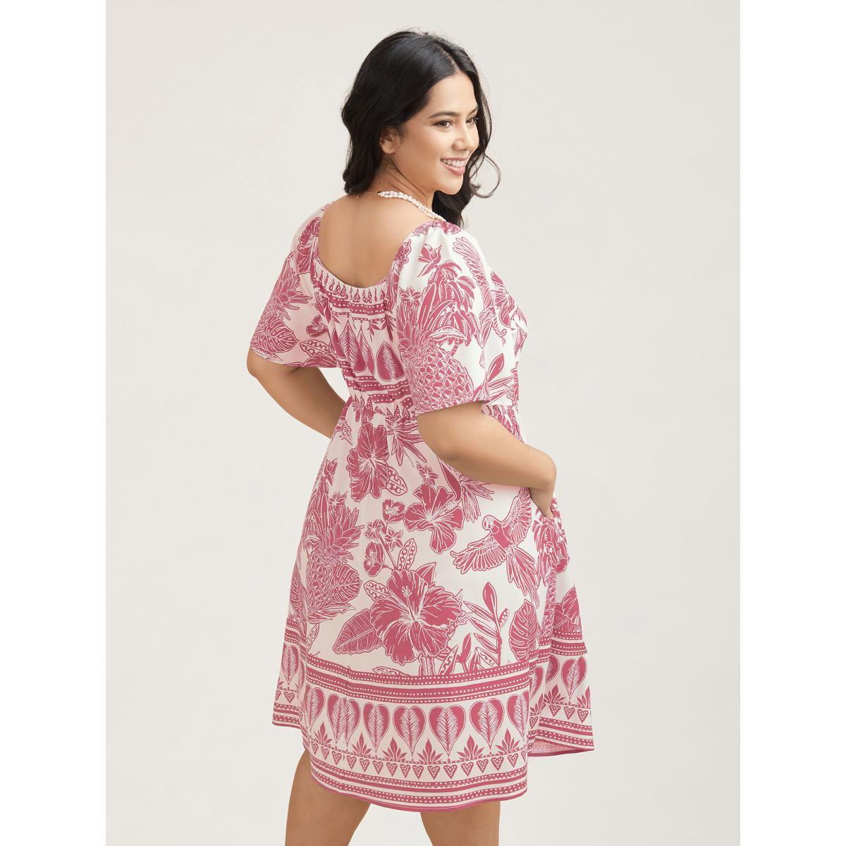Plus Size Boho Print Fit Flare Pockets Midi Dress Blush Women Resort Non Heart neckline Short sleeve Curvy BloomChic 14-16/1X Product Image