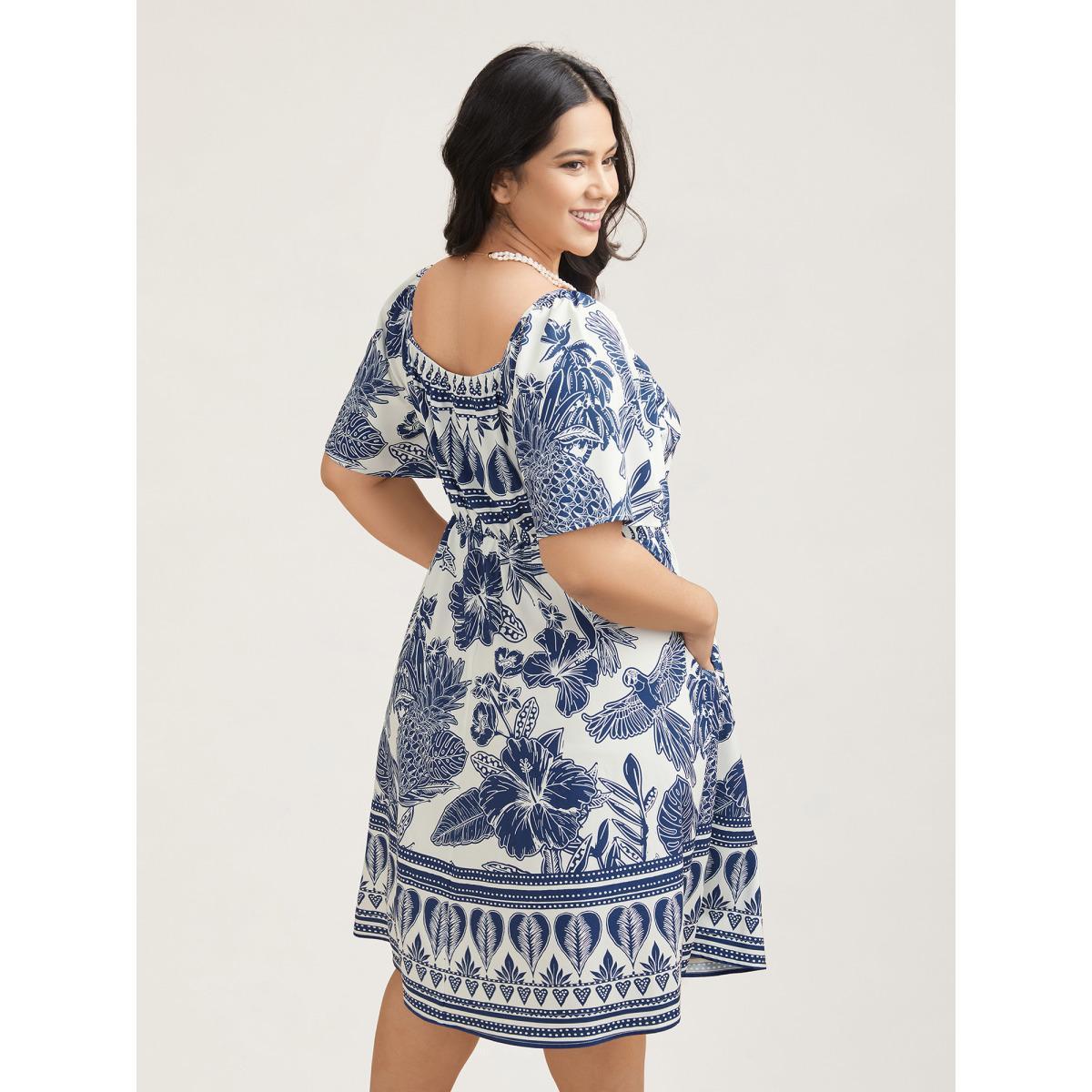 Plus Size Boho Print Fit Flare Pockets Midi Dress DarkBlue Women Resort Non Heart neckline Short sleeve Curvy BloomChic 30/6X Product Image