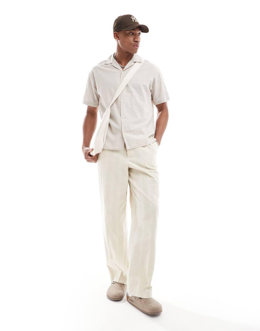 Jack & Jones linen shirt with revere collar in beige Product Image