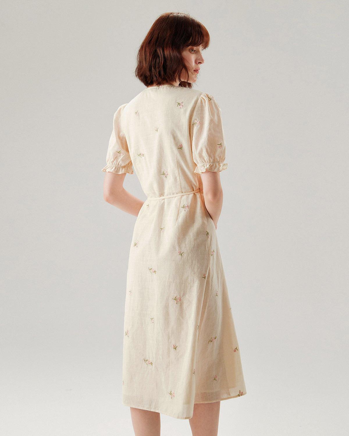 Beige Embroidery Puffed Sleeve Wrap Midi Dress Product Image