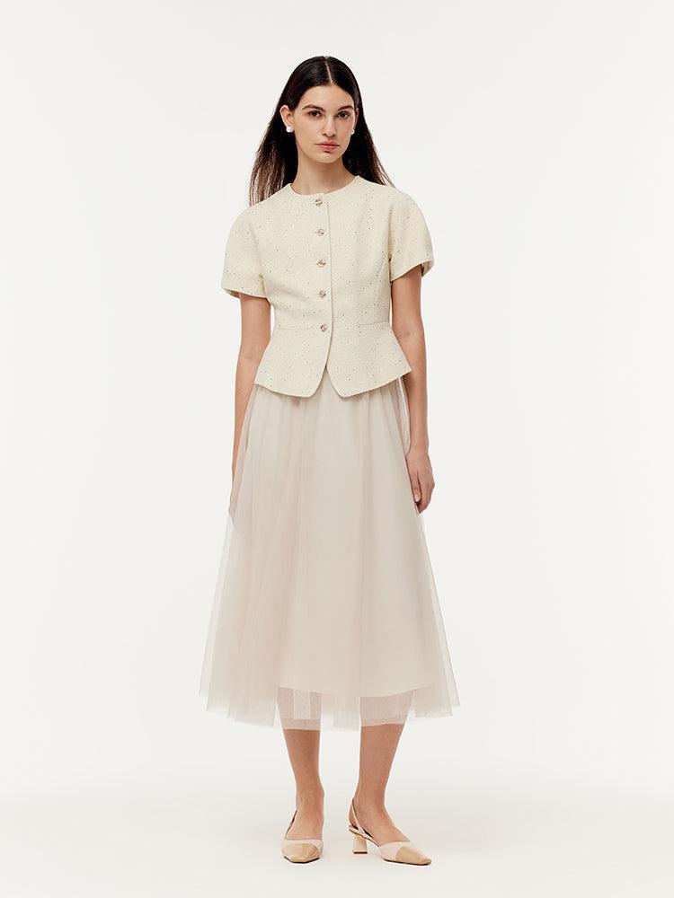 Tweed Sequins Short Sleeve Jacket And Mesh Skirt Two-Piece Set Product Image