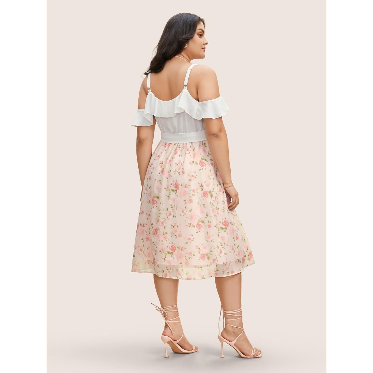 Plus Size Chiffon Floral Patchwork Ruffle Trim Midi Dress Nudepink Women Elegant Belted V-neck Cap Sleeve Curvy BloomChic 18-20/2X Product Image