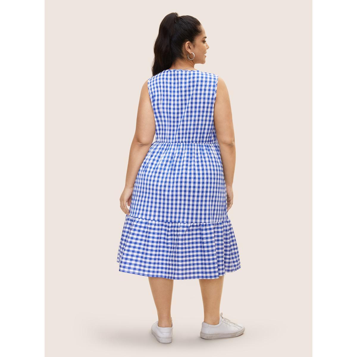 Plus Size Gingham Ruffle Layered Hem Tank Midi Dress Brightblue Women Casual Gathered Round Neck Sleeveless Curvy BloomChic 10/M Product Image