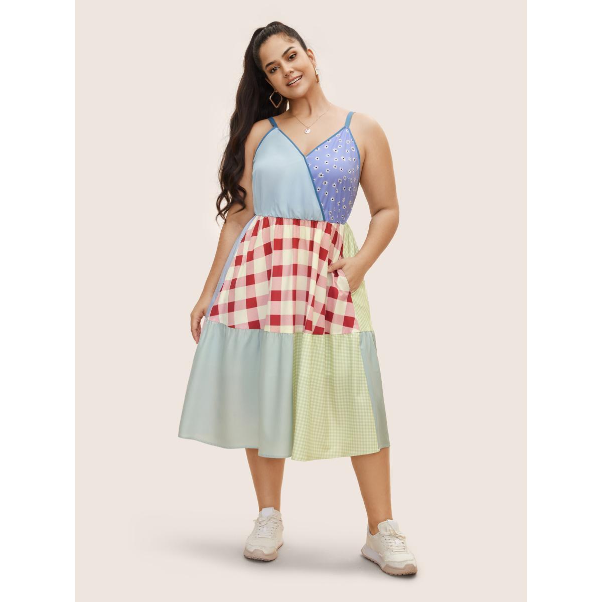 Plus Size Overlap Collar Plaid Patchwork Midi Dress Multicolor Women Casual Overlap Collar Sleeveless Curvy BloomChic 30/6X Product Image