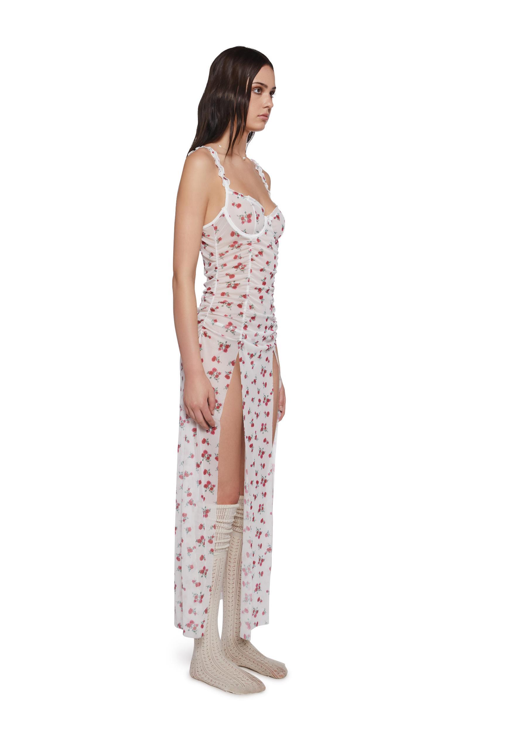 Womens Floral Print Nightdress And Thong Panty Lingerie Set - White Product Image