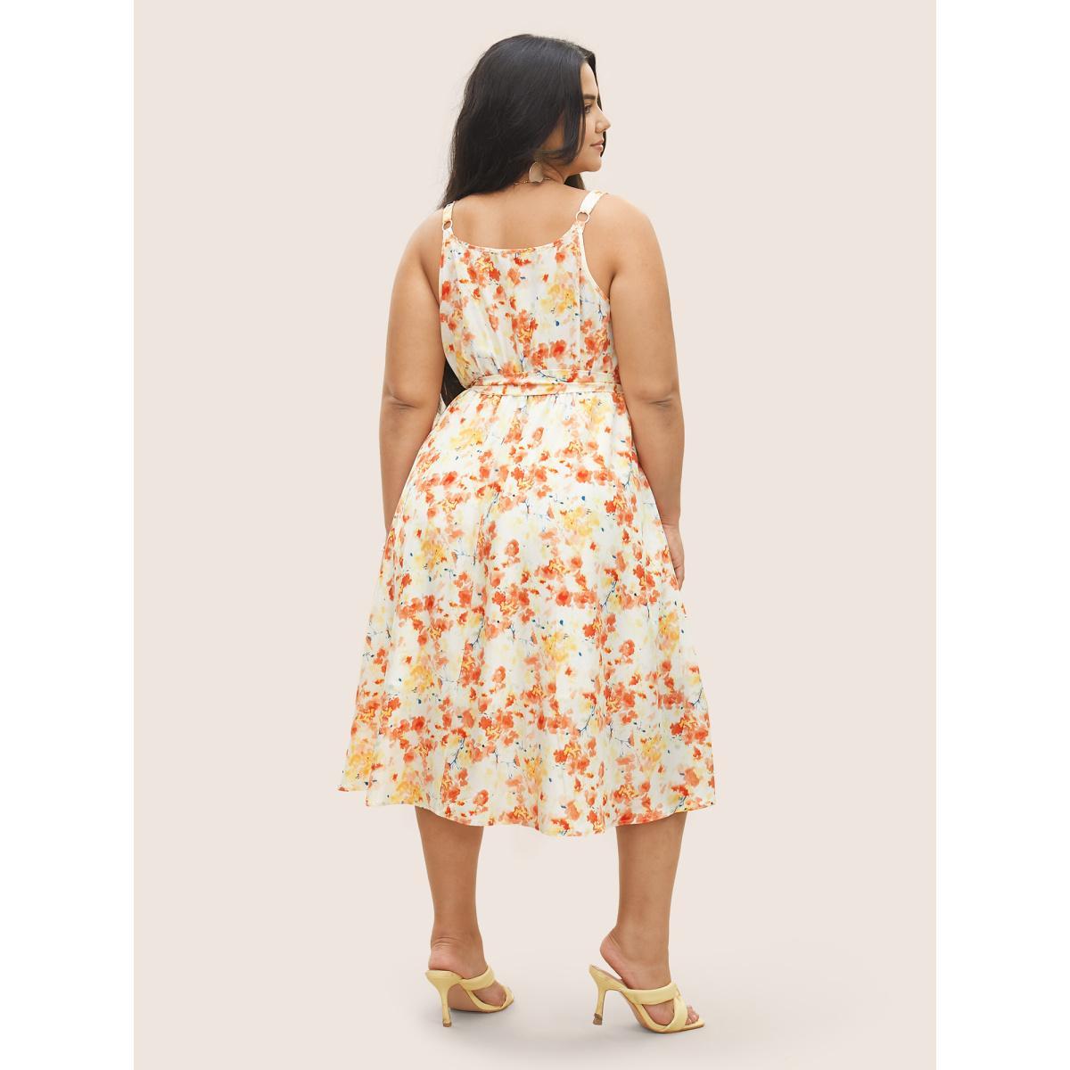 Plus Size Ditsy Floral Elastic Waist Belted Adjustable Straps Dress Coral Women Elegant Non Non Sleeveless Curvy Midi Dress BloomChic 14-16/1X Product Image