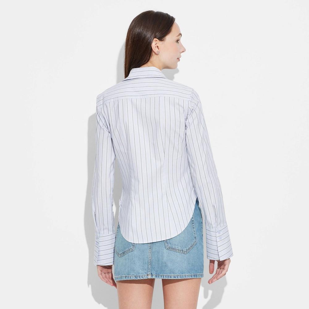 Women's Slim Fit Long Sleeve Button-Down Suiting Shirt - Wild Fable™ Blue Striped XXS: Curved Hem Product Image