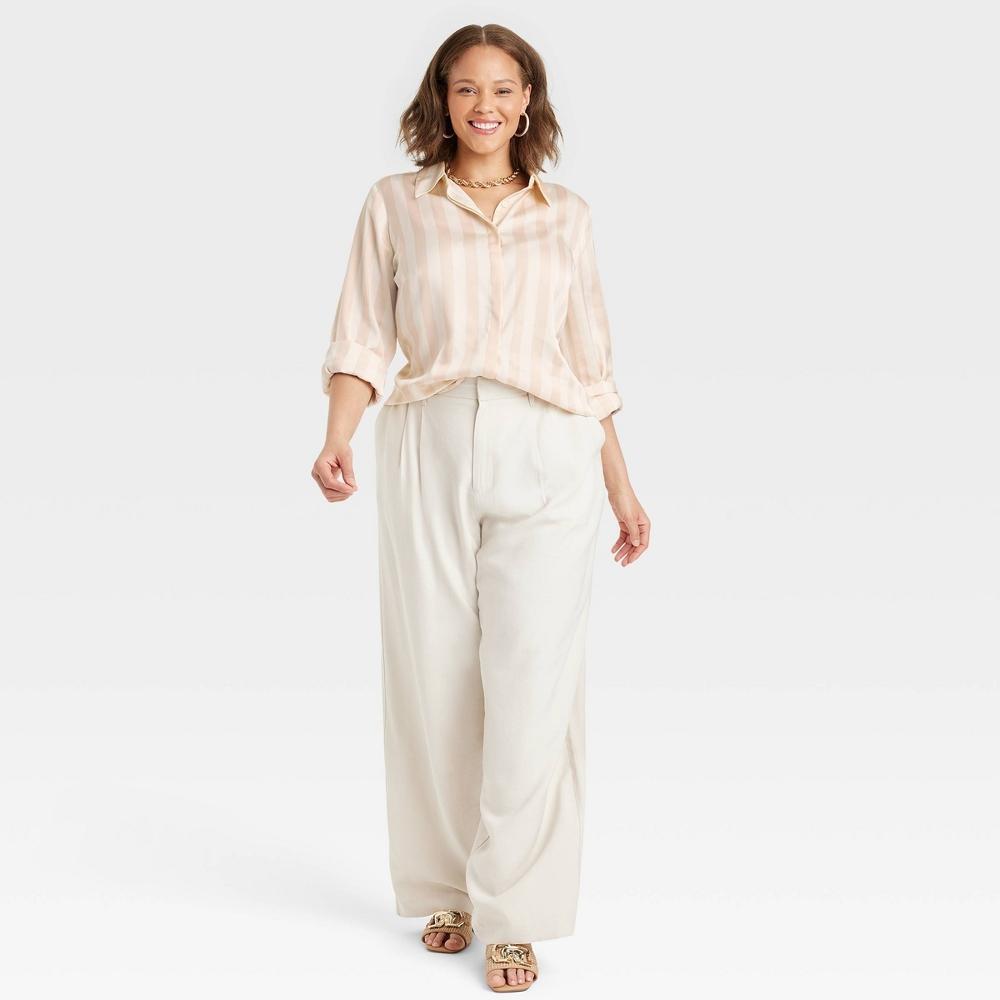 Women's Slim Fit Long Sleeve Satin Button-Down Shirt - A New Day™ Beige/White Striped 4X: Relaxed Fit, Machine Washable Product Image