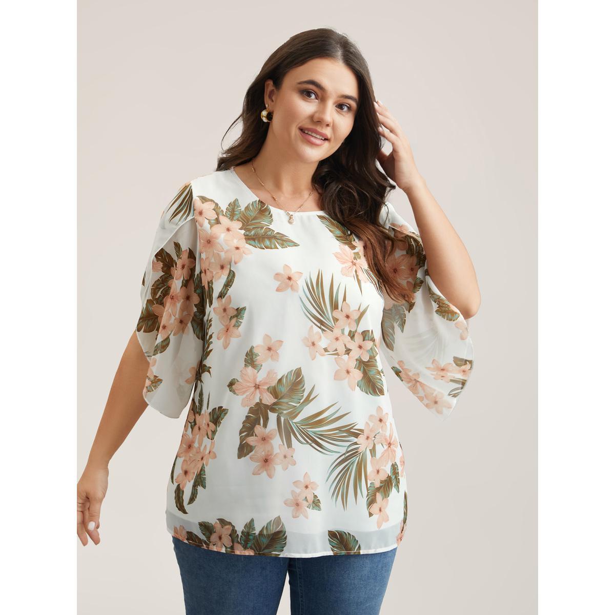 Plus Size WhiteSmoke Petal Sleeve Floral Round Neck Shirt Women Elegant Elbow-length sleeve Round Neck Everyday Blouses BloomChic 28/5X Product Image