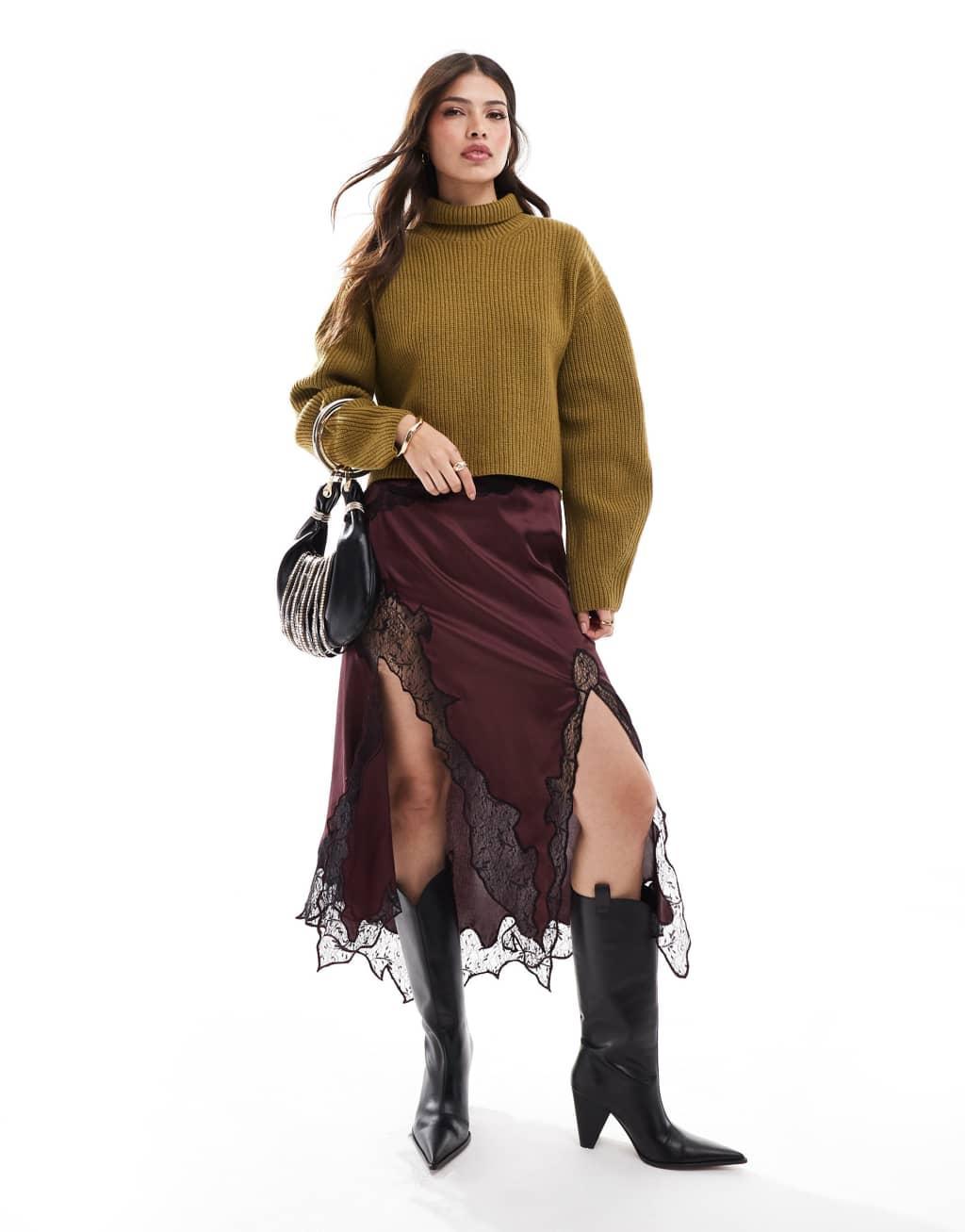 & Other Stories wool knit ribbed funnel neck sweater with split back neck and volume sleeves in olive green Product Image