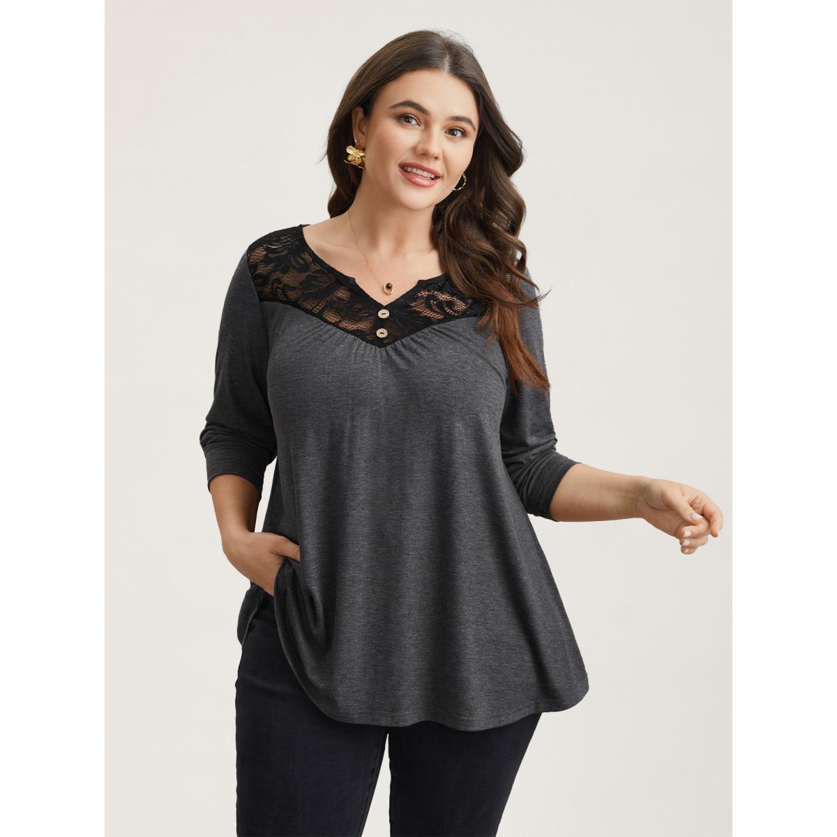 Plus Size Lace Neck Buttons Pleated T-Shirt DimGray Women Elegant Gathered Notched collar Everyday T-shirts BloomChic 30/6X Product Image