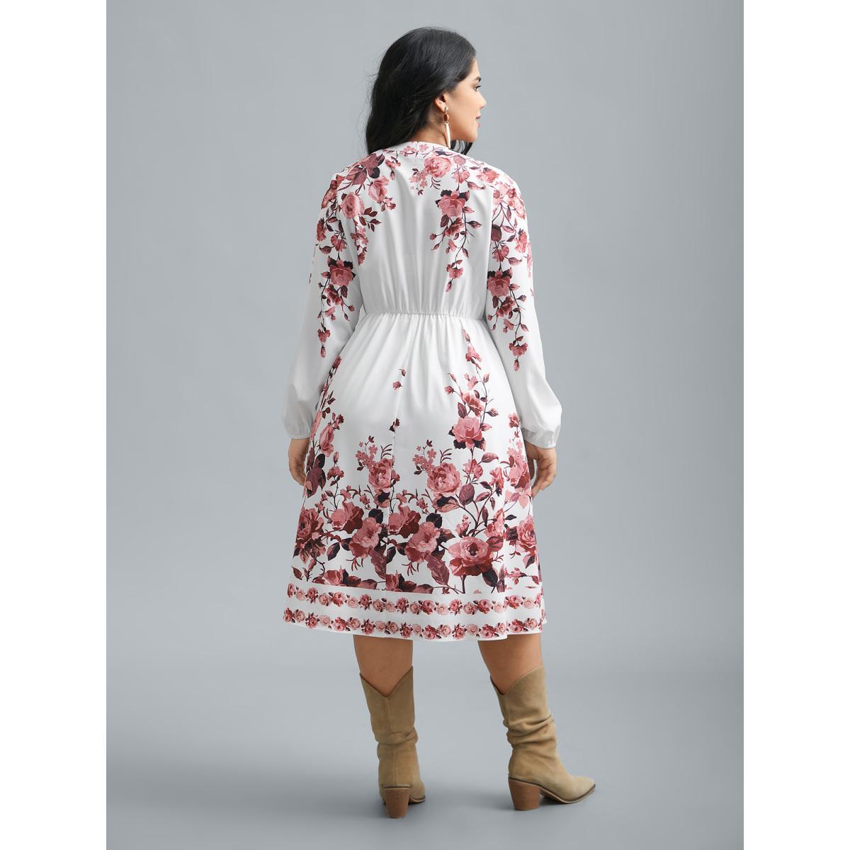 Plus Size Boho Print Lantern Sleeve Button Detail Dress Rosered Women Resort Button Flat collar with V-notch Long Sleeve Curvy BloomChic 22-24/3X Product Image
