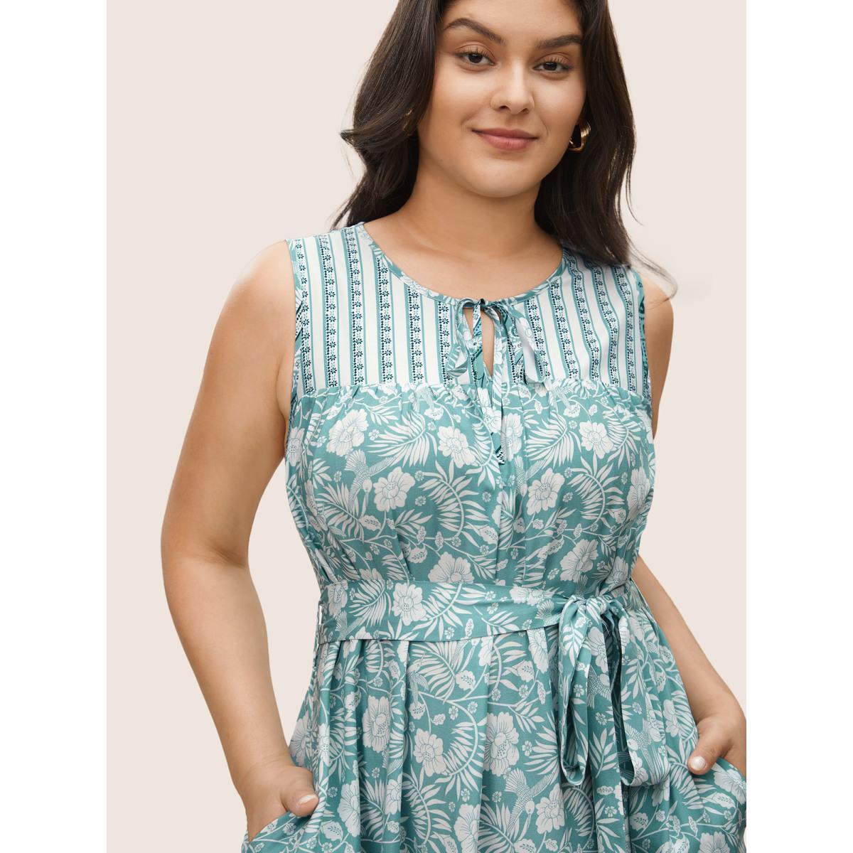 Plus Size Boho Print Tie Neck Belted Pleated Dress Turquoise Women Resort Non V-neck Sleeveless Curvy Midi Dress BloomChic 22-24/3X Product Image
