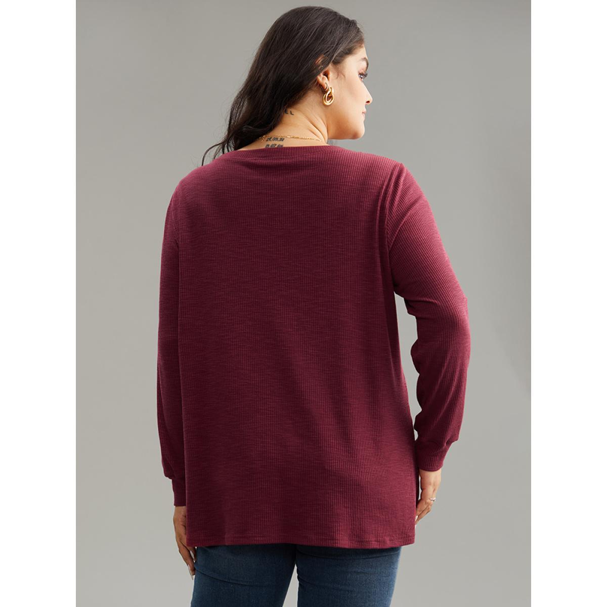 Plus Size Solid Lace Insert Crew Neck Cut Out T-shirt Burgundy Women Elegant Patchwork Plain Round Neck Dailywear T-shirts BloomChic 22-24/3X Product Image