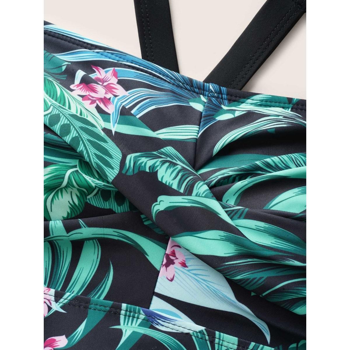 Plus Size Tropical Print Crossover Swim Top Women's Swimwear Multicolor Beach Twist High stretch Bodycon Heart neckline Curve Swim Tops BloomChic 28/5X Product Image