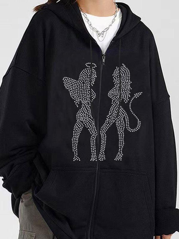 Angel Devil Rhinestone Zip Up Oversized Hoodie Product Image