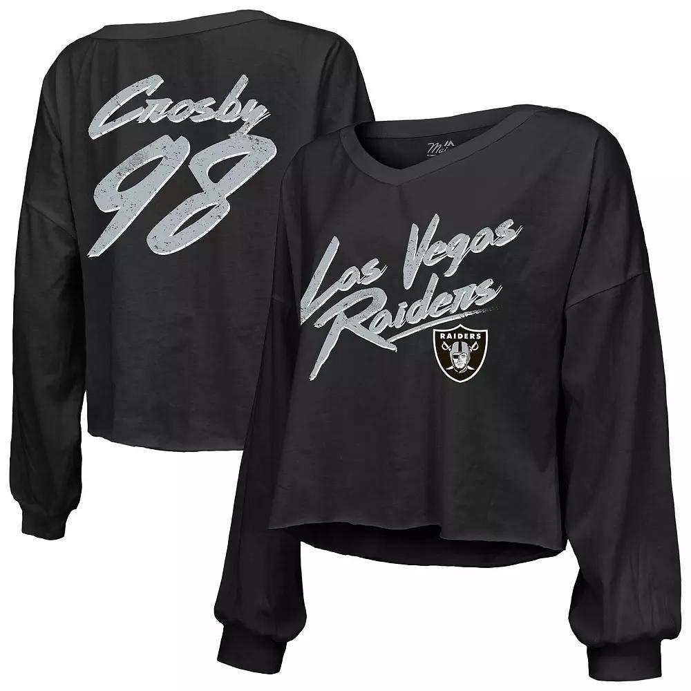 Women's Majestic Threads Maxx Crosby Black Las Vegas Raiders Off-Shoulder Script Player Name & Number Cropped Long Sleeve V-Neck T-Shirt, Size: Large, Lvr Black Product Image