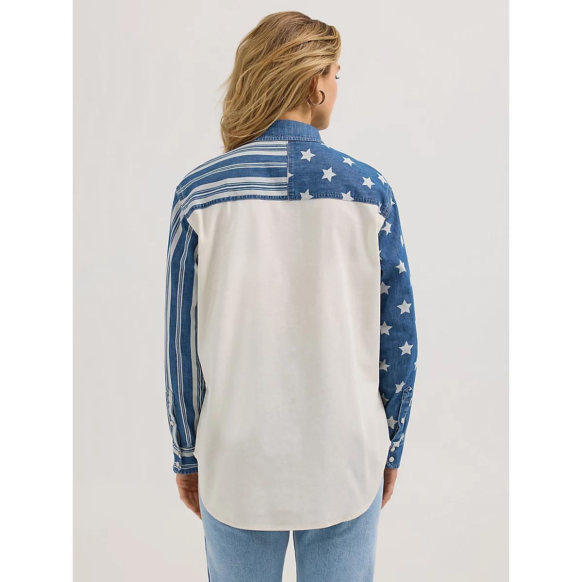 Women's Wrangler Pieced Boyfriend Denim Western Snap Shirt in Stars Stripes Product Image