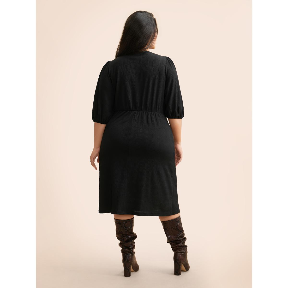 Plus Size Texture Button Up Puff Sleeve Dress Black Women Casual Texture Round Neck Half Sleeve Curvy BloomChic 26/4X Product Image