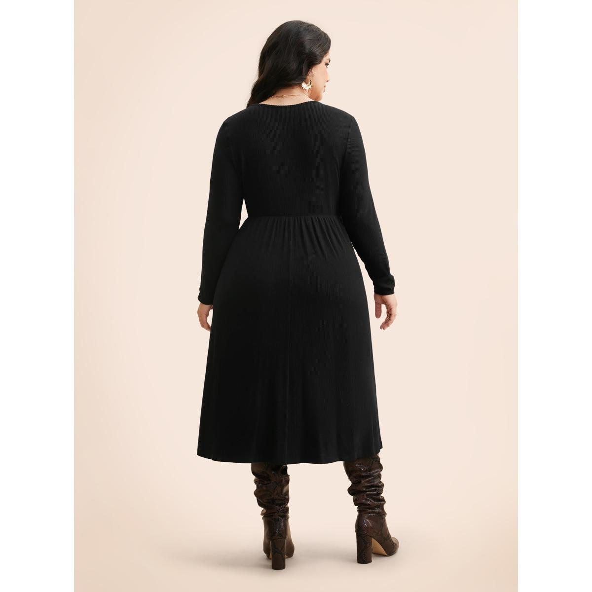 Plus Size Solid Pit Strip Cut Out Dress Black Women Elegant Texture V-neck Long Sleeve Curvy BloomChic 12/L Product Image