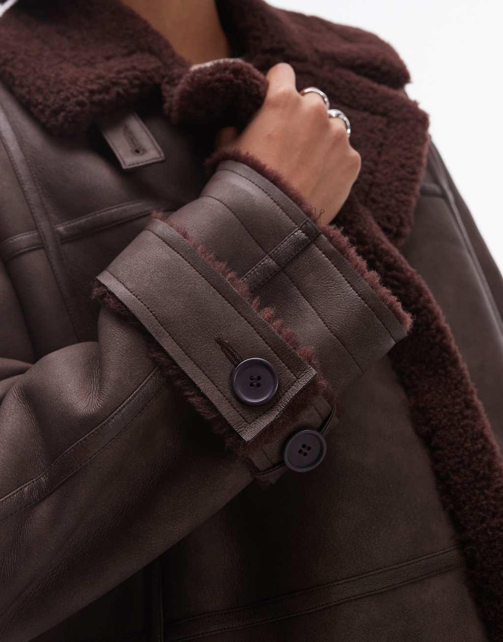 Topshop faux leather shearling long aviator jacket in burgundy Product Image