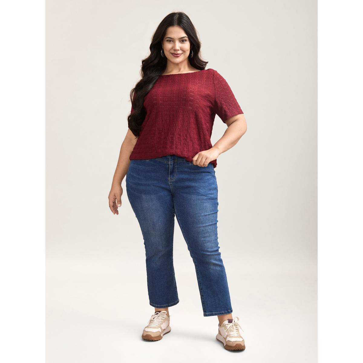 Plus Size Textured Back Lace Cut-Out Stretchy T-Shirt Burgundy Women Casual Texture Boat Neck Everyday T-shirts BloomChic 26/4X Product Image
