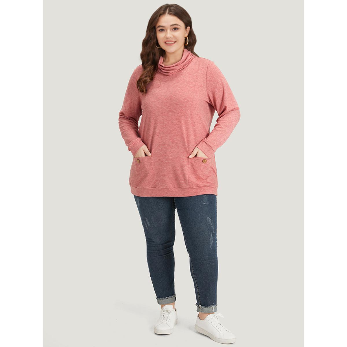 Plus Size Plain Heather Turtleneck Pocket Button Detail Sweatshirt Women Russet Casual Printed Turtleneck Dailywear Sweatshirts BloomChic 14-16/1X Product Image