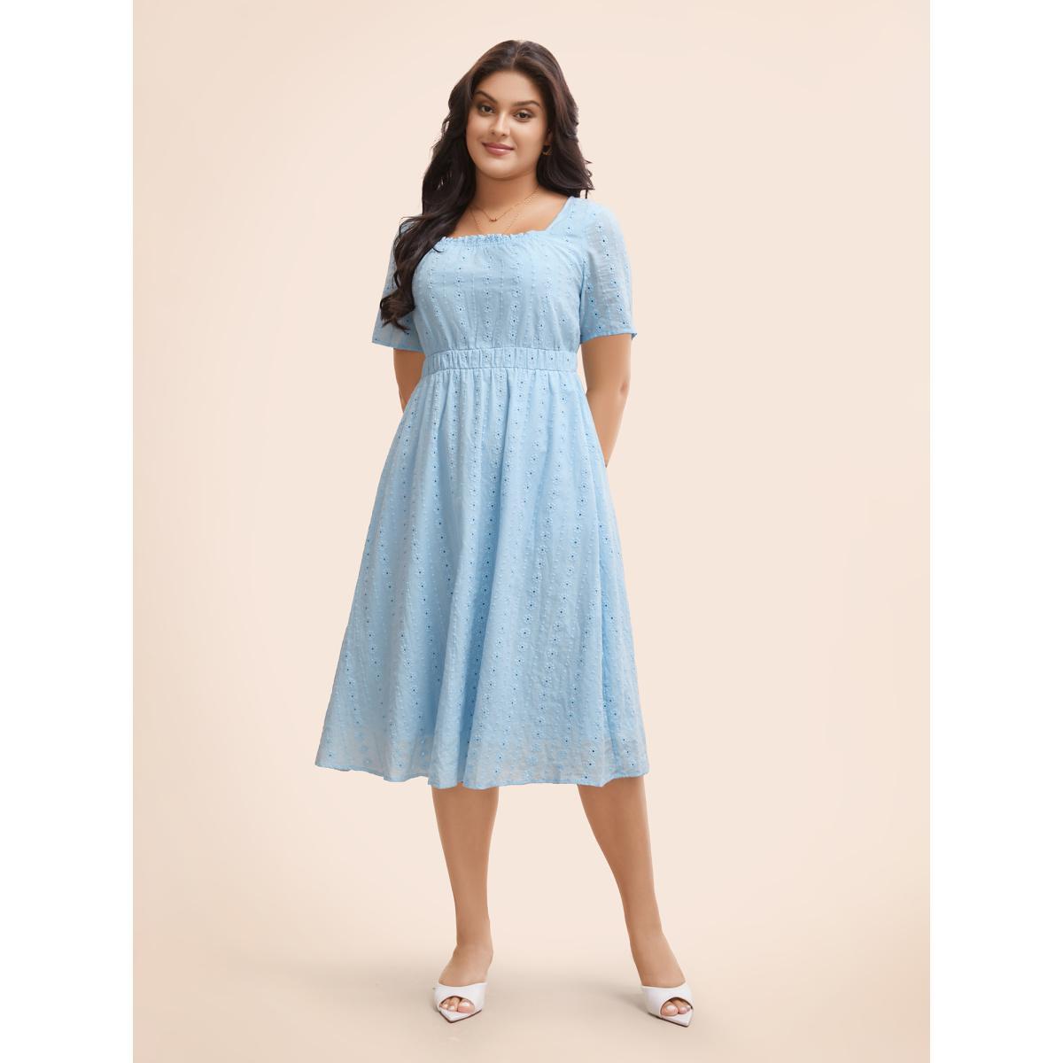 Plus Size Square Neck Broderie Anglaise Frill Trim Dress Skyblue Women Elegant Texture Square Neck Short sleeve Curvy BloomChic 28/5X Product Image