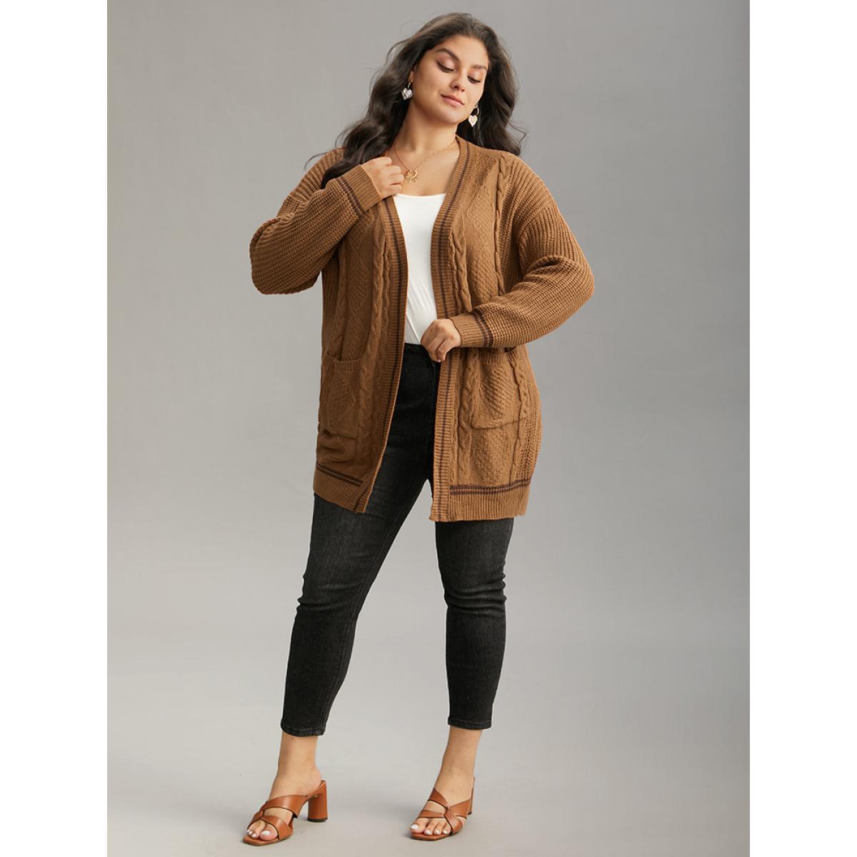 Plus Size Plain Cable Knit Pocket Open Front Cardigan Bronze Women Casual Loose Long Sleeve Dailywear Cardigans BloomChic 14-16/1X Product Image