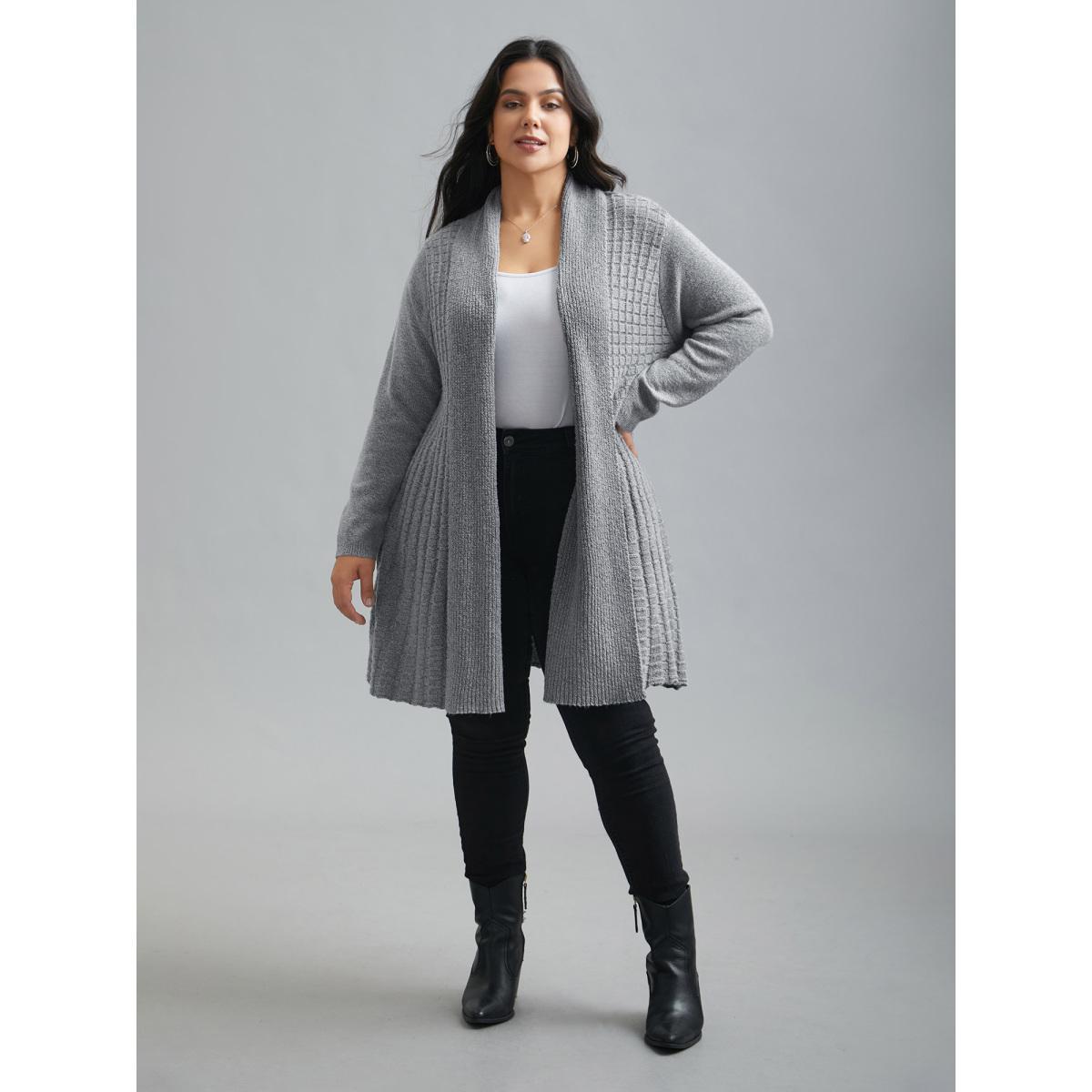 Plus Size Folded Kimono Collar Plain Plisse Cardigan DarkGray Women Casual Loose Long Sleeve Everyday Cardigans BloomChic 12/L Product Image