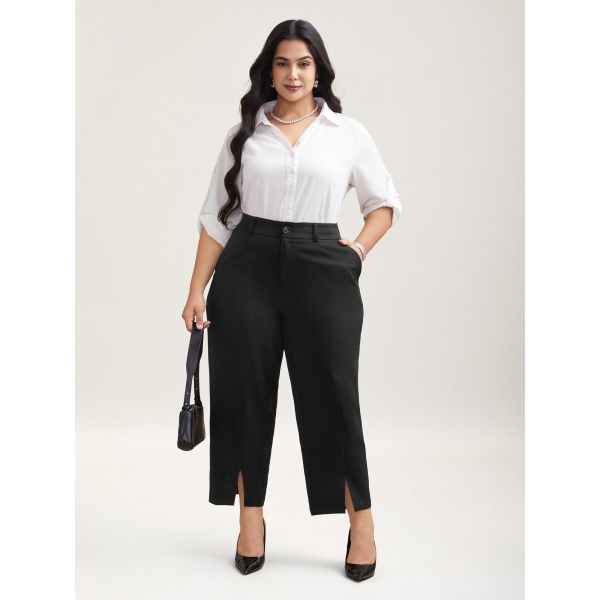 Plus Size Pleated Loop Straight-Leg Pants Women Black At the Office Straight Leg Mid Rise Work Pants BloomChic 22-24/3X Product Image
