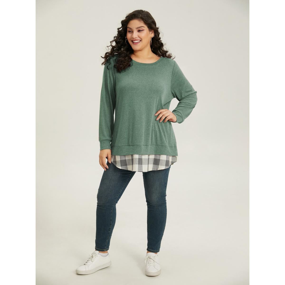 Plus Size Heather Plaid Patchwork Crew Neck T-shirt Green Women Casual Heather Plaid Round Neck Everyday T-shirts BloomChic 26/4X Product Image
