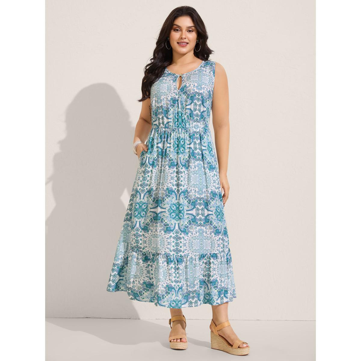 Plus Size Rayon Paisley Print Layered Midi Dress Arctic Women Round Neck Sleeveless Curvy BloomChic 26/4X Product Image