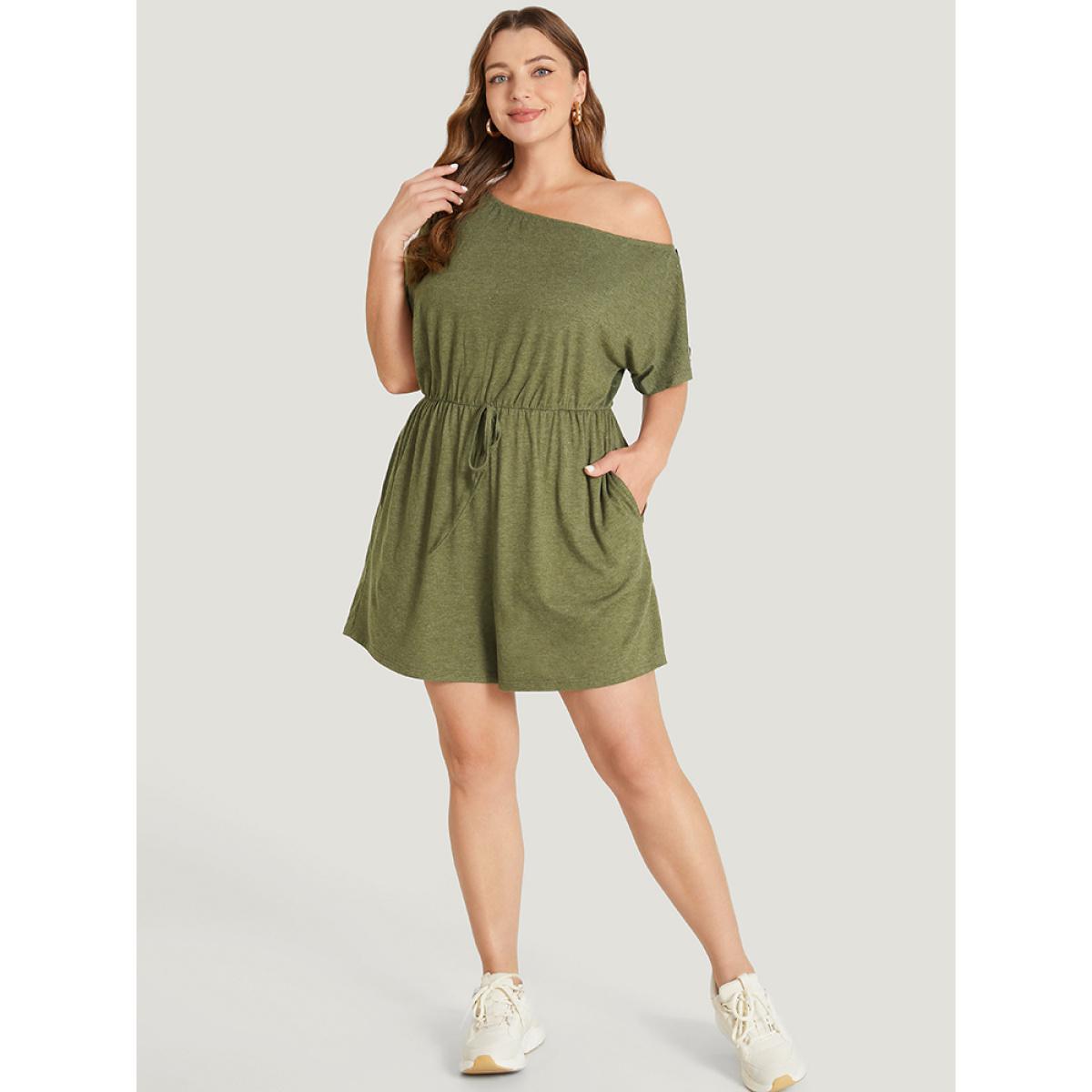 Plus Size ArmyGreen Solid Button Detail Pocket Knot Front One Shoulder Romper Women Casual Short sleeve One Shoulder Dailywear Loose Jumpsuits BloomChic 10/M Product Image