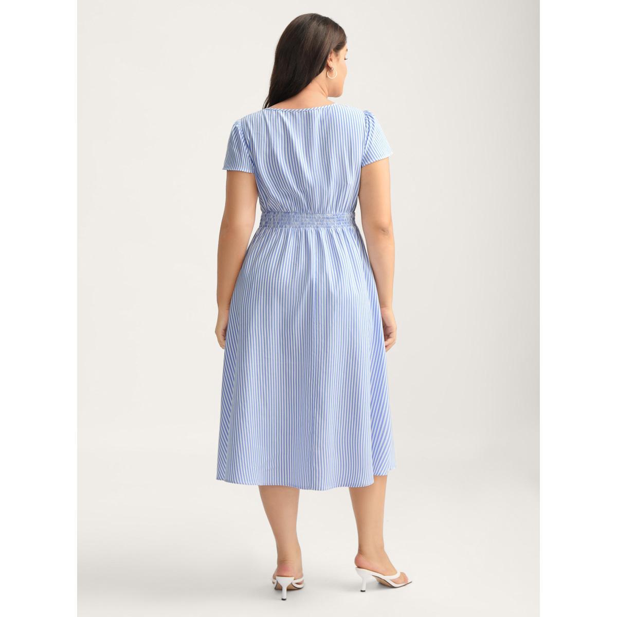 Plus Size Striped Zipper Front Shirred Waist Midi Dress LightBlue Women Shirred V-neck Cap Sleeve Curvy BloomChic 28/5X Product Image