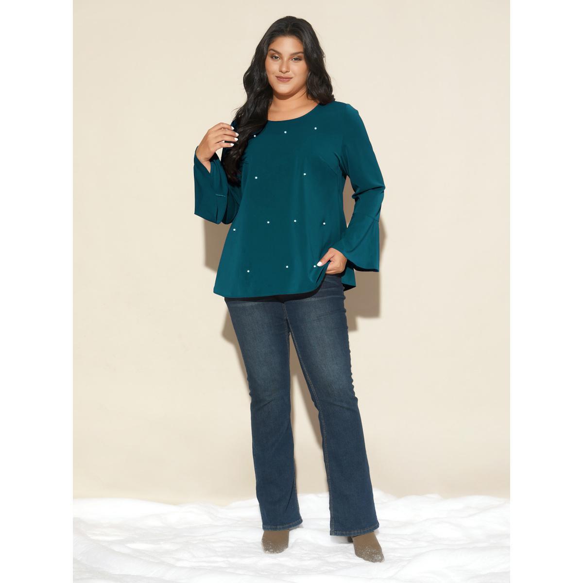 Plus Size Black Beaded Embellished Bell Sleeves Blouse Women Cocktail Long Sleeve Round Neck Party Blouses BloomChic 30/6X Product Image