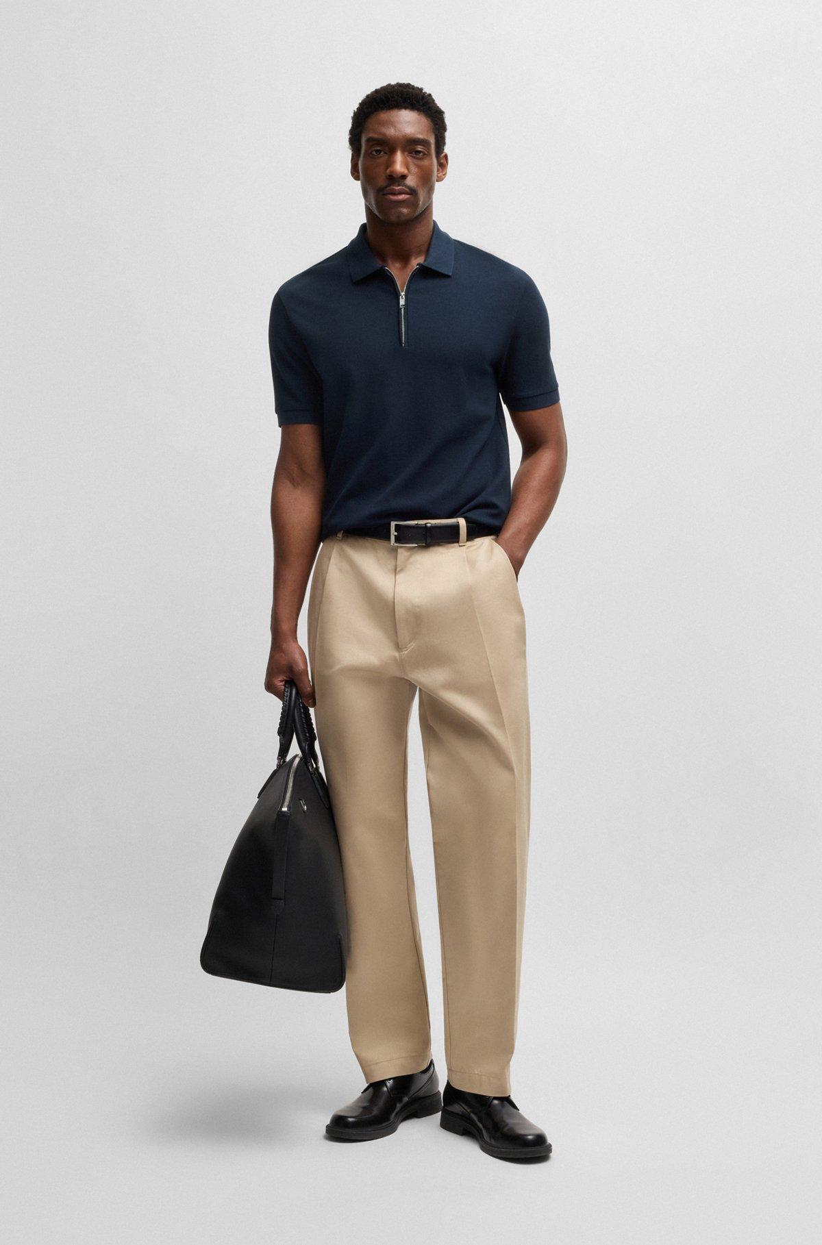BOSS - Zip-neck knit polo shirt with waffle structure - Dark Blue Product Image