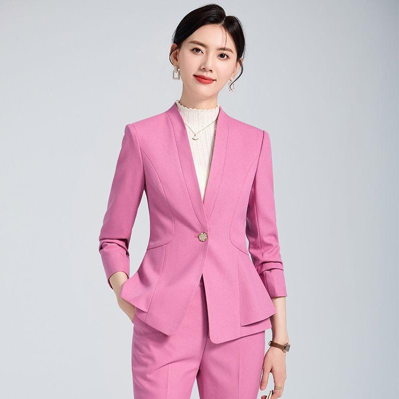 Set: Collarless Plain Single Breasted Blazer + Mid Rise Plain Slacks Product Image