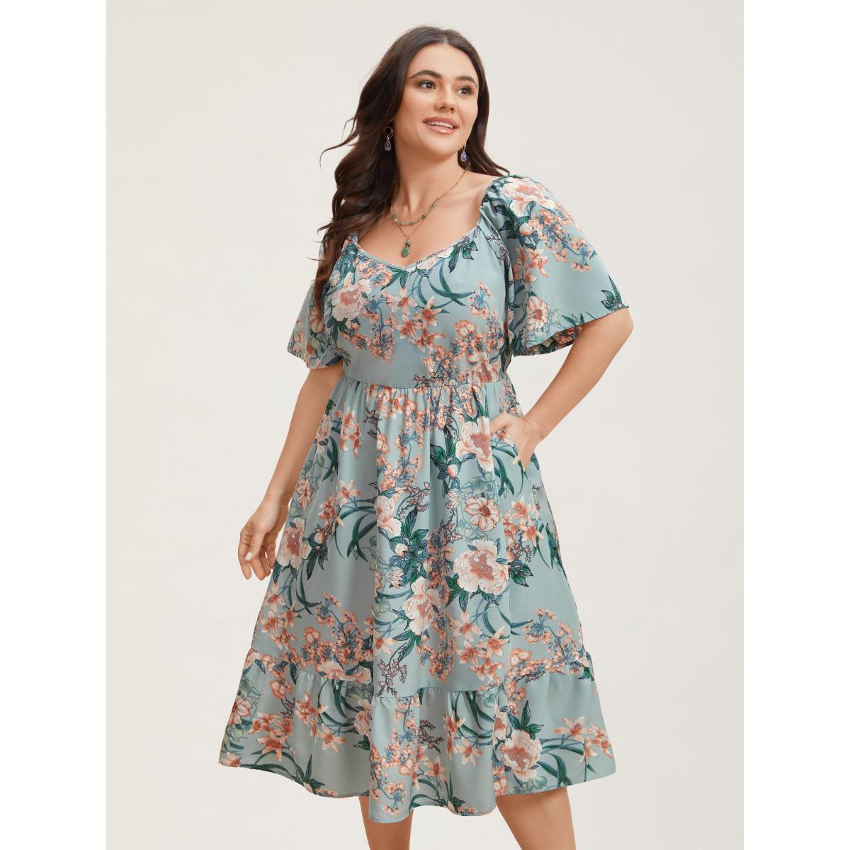 Plus Size Floral Print Flared Sleeve Pockets Midi Dress Mint Women Elegant Non Heart neckline Short sleeve Curvy BloomChic 18-20/2X Product Image