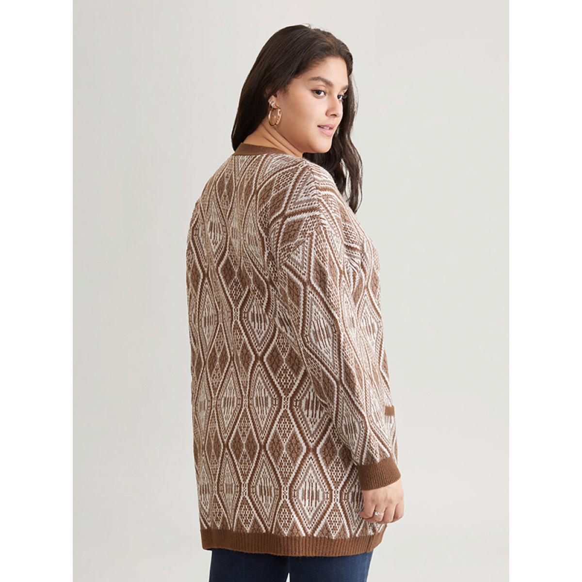 Plus Size Geometric Graphic Patched Pocket Jacquard Cardigan DarkBrown Women Casual Loose Long Sleeve Dailywear Cardigans BloomChic 30/6X Product Image